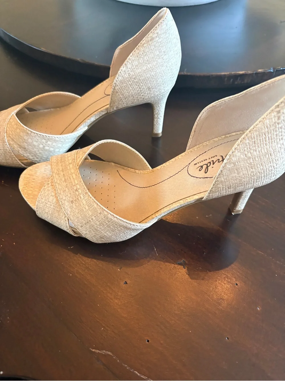 Life Stride Beige Open-Toe D'Orsay Heel with Textured Crisscross Strap